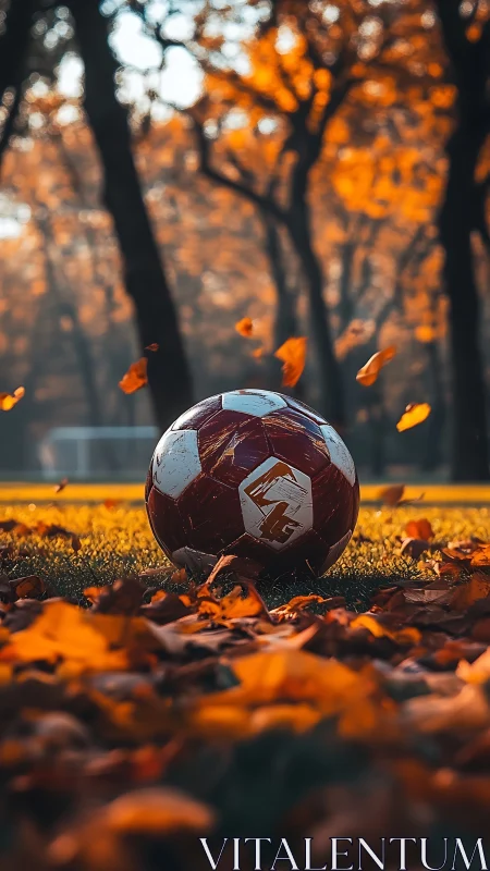Autumn match ball on leaf-strewn pitch in warm backlight.