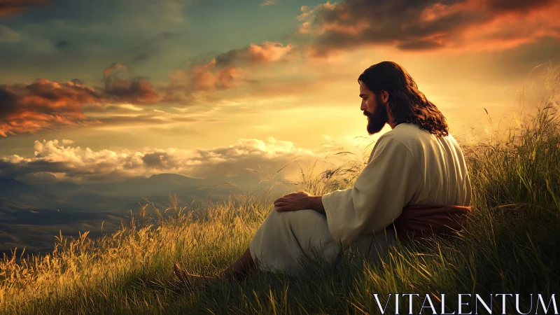 Serene robed man sitting on hillside at warm sunset sky