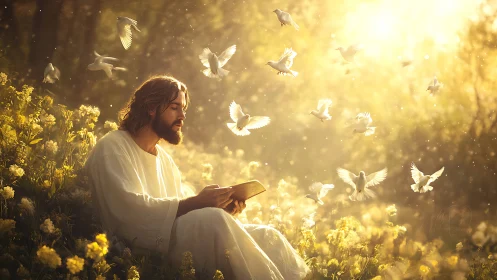 Gentle robed figure reads in golden field of light and doves