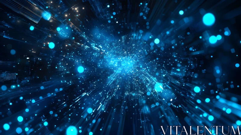 Futuristic blue light burst with glowing particles in digital style.