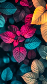 Multicolored neon leaves glow against deep teal shadows.