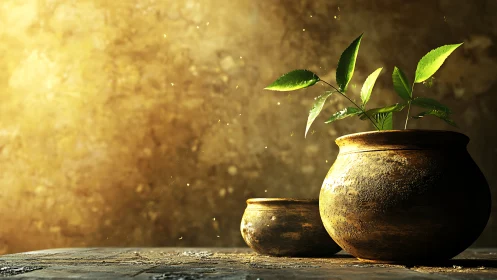 Earthenware vessel with young foliage in raking golden light.