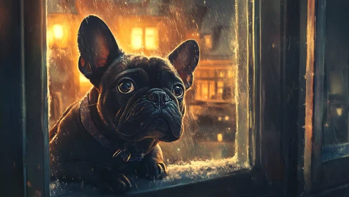 Gentle-eyed French bulldog watches a rainy city night glow