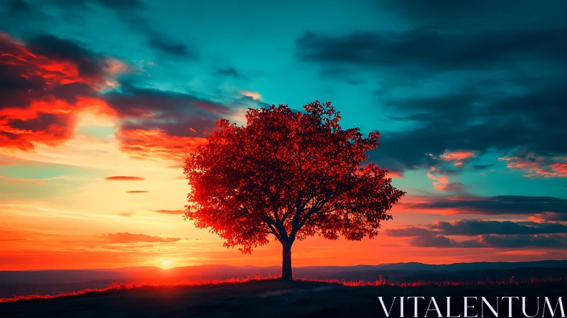 Solitary tree against vivid red and cyan sunset sky.