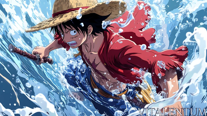 Straw‑hatted sea hero charging through crashing waves.