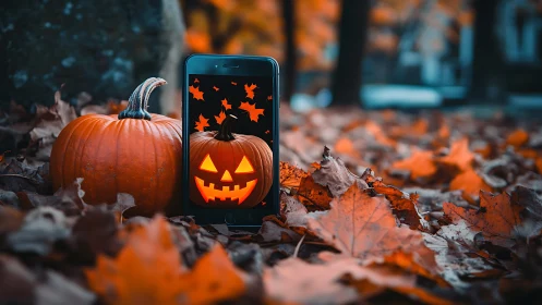 Halloween pumpkin and phone glow amid vivid autumn leaves.