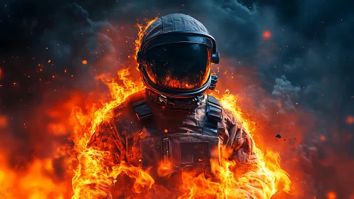 Astronaut Engulfed in Flames Against Dark Sky