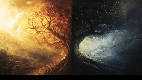 Dual-world life tree dividing radiant day and dark night.