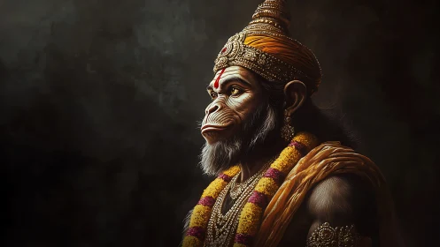Digital painting profile of regal monkey deity portraiture.