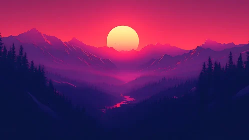 Neon sun sinks over misty pine valleys in a tranquil embrace