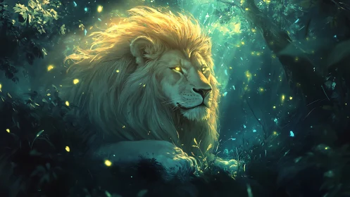 Golden-maned lion rests peacefully in glowing forest night