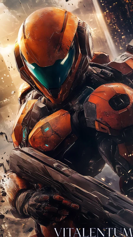 Armored sci fi soldier with rifle in urban conflict zone.