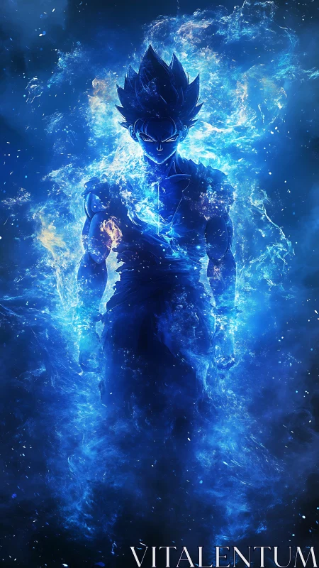 Energetic anime warrior emerges from luminous blue plasma field