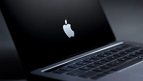 Sleek black laptop glows softly with a minimalist logo