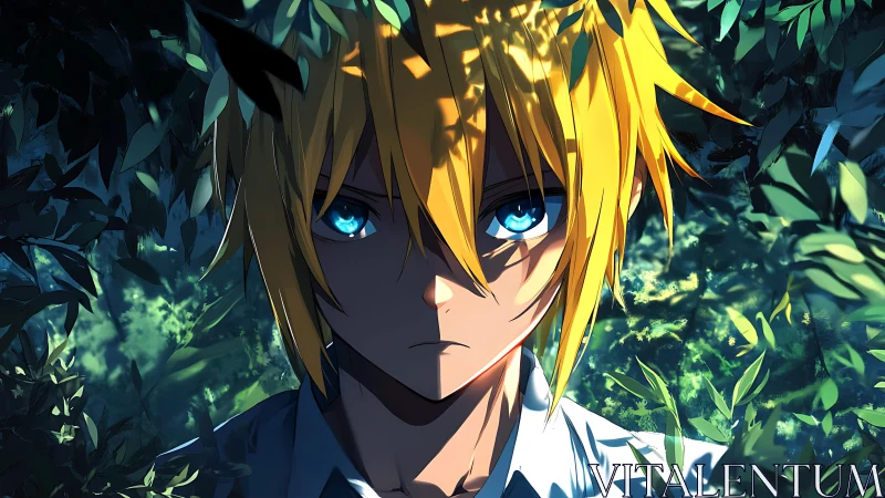 Blond anime youth framed by dense green foliage outdoors.