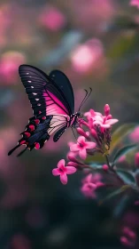 Black pink butterfly rests on vivid blossoms at dusk