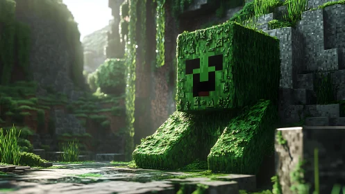 Voxel moss creature rendered in lush canyon lighting.