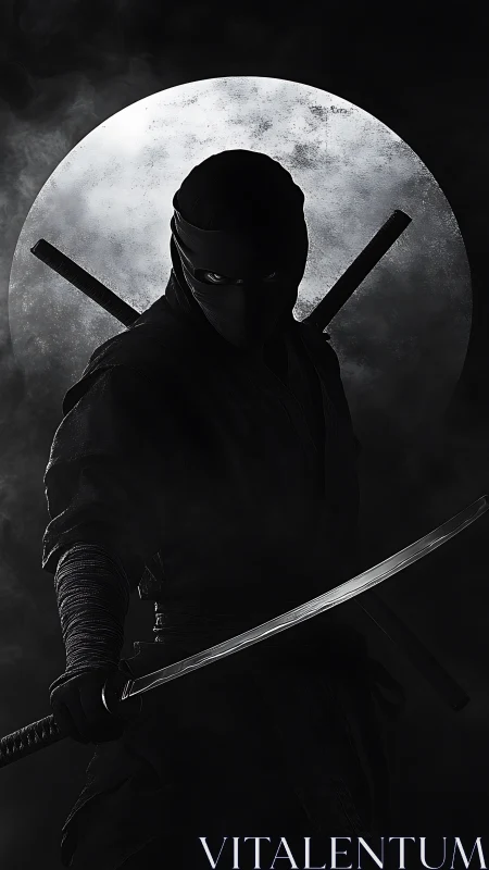 Stealthy ninja silhouette with katana under full moon.