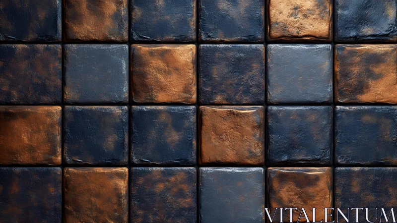 Metallic bronze and blue square tiles with textured finish.