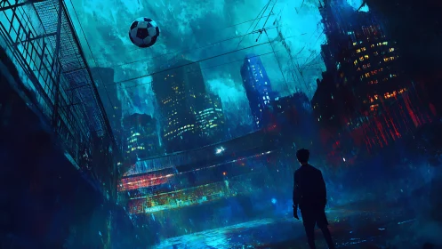 Neon city street football under stormlit urban skyline.