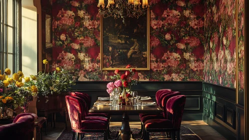 Baroque Dining Room with Crimson Floral Wallpaper.