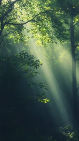 Gentle morning sunbeams pour softly through a quiet forest