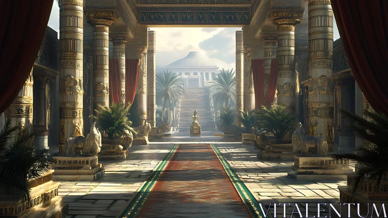 Sunlit imperial courtyard with gilded colonnades and throne.