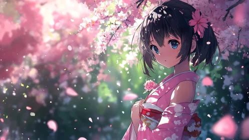 Girl in pink kimono under soft cherry blossoms at dusk.