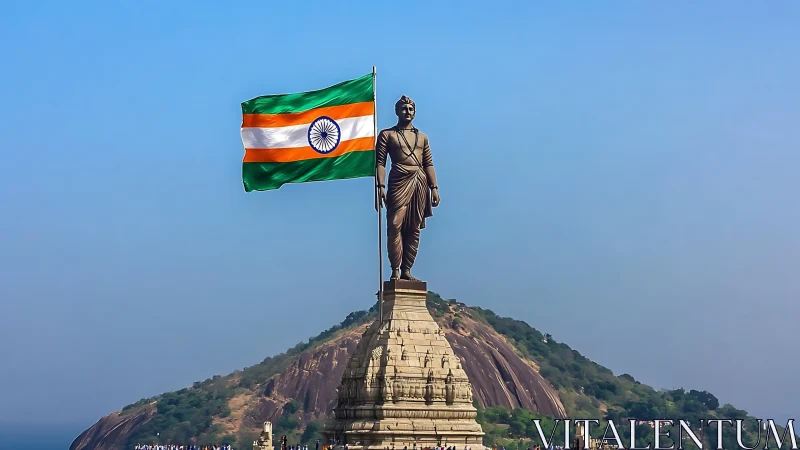 Monumental hilltop statue and national flag under clear sky