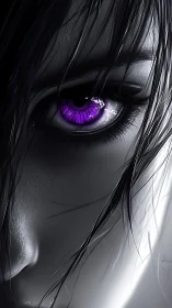 Monochrome portrait with luminous violet cybernetic eye.