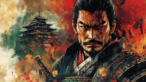 Samurai warlord portrait with bloodstained armor and castle.