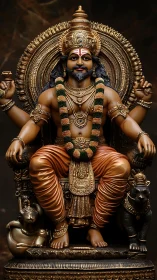 Seated multi-armed deity statue with ornate throne and lions.