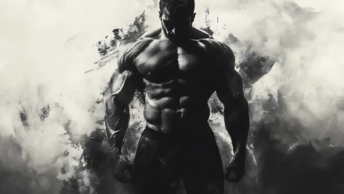 Monochrome muscular silhouette in dramatic chiaroscuro composition.