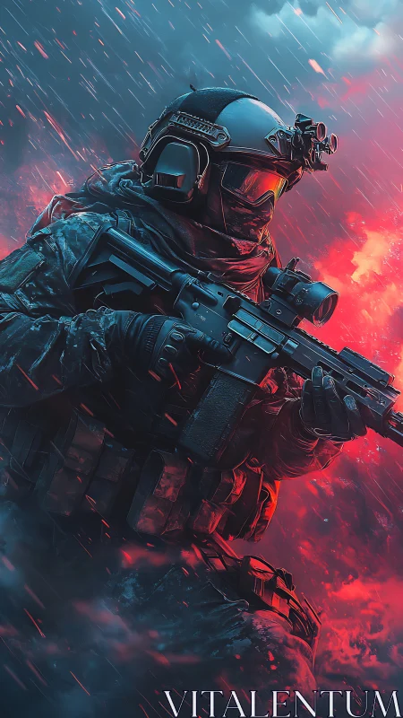 Tac-ops soldier storms neon battlefield under blizzard fire.