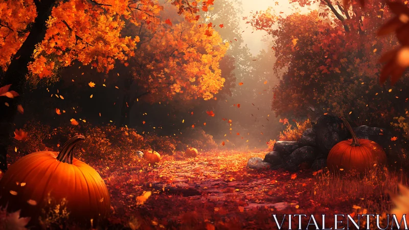 Autumn's Fiery Cathedral: Pumpkins in Golden Tempest.