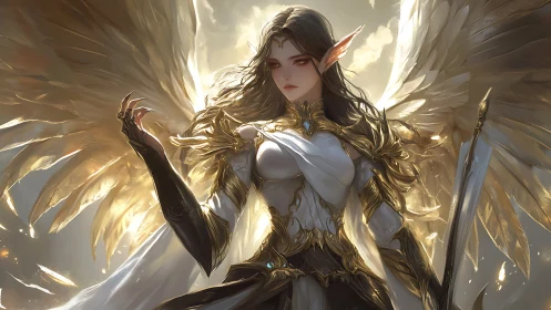 Radiant winged guardian poised in golden celestial light.