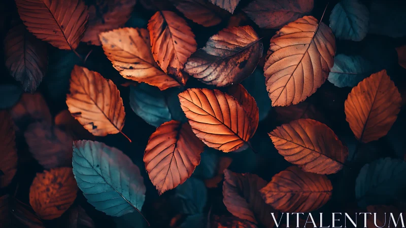 Warm orange and blue autumn leaves in closeup view.