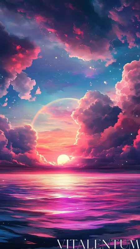 Dreamy cosmic sunset glowing over a tranquil pink sea.