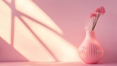 Soft pink vase and blooms in sunlit minimalist interior.
