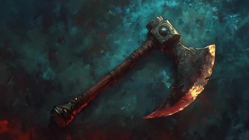 Digital painting of a scorched crescent war axe on teal field.
