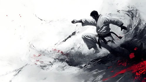 Martial artist strikes through abstract ink wave in motion.