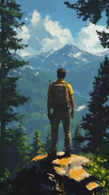 Lone hiker overlooks sunlit alpine valley and distant peak.