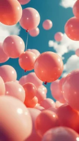 Coral balloons floating against serene sky.