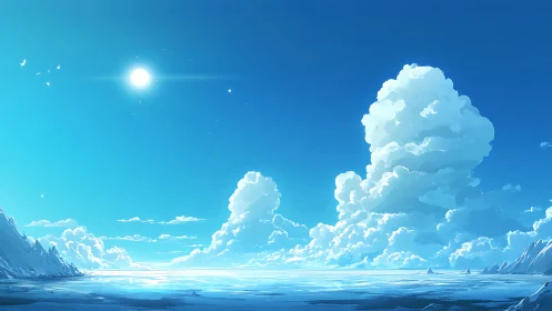 Serene blue seascape unfolds beneath towering summer clouds