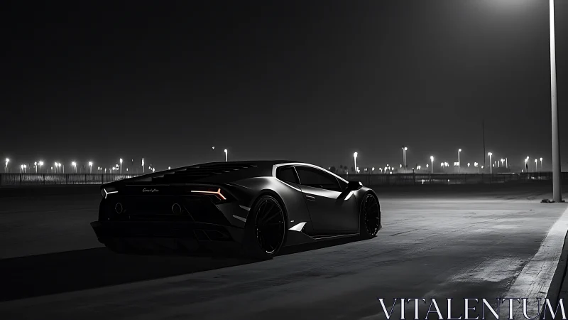 Black sports coupe parked on empty lot at night under lamps.