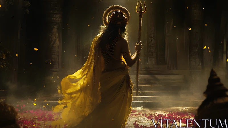 Backlit deity figure in golden drapery amid particulate-lit temple nave