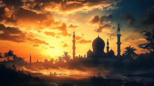 Golden sunset mosque silhouette over misty tropical river.