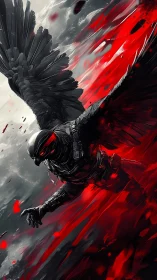 Armored avian humanoid in red and monochrome environment.