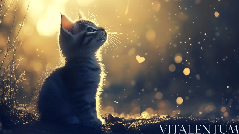 Whimsical Kitten Gazes Upward Into Golden Stardust Dreams.