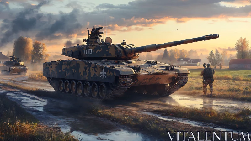 Modern battle tank advances through rural sunrise mud.